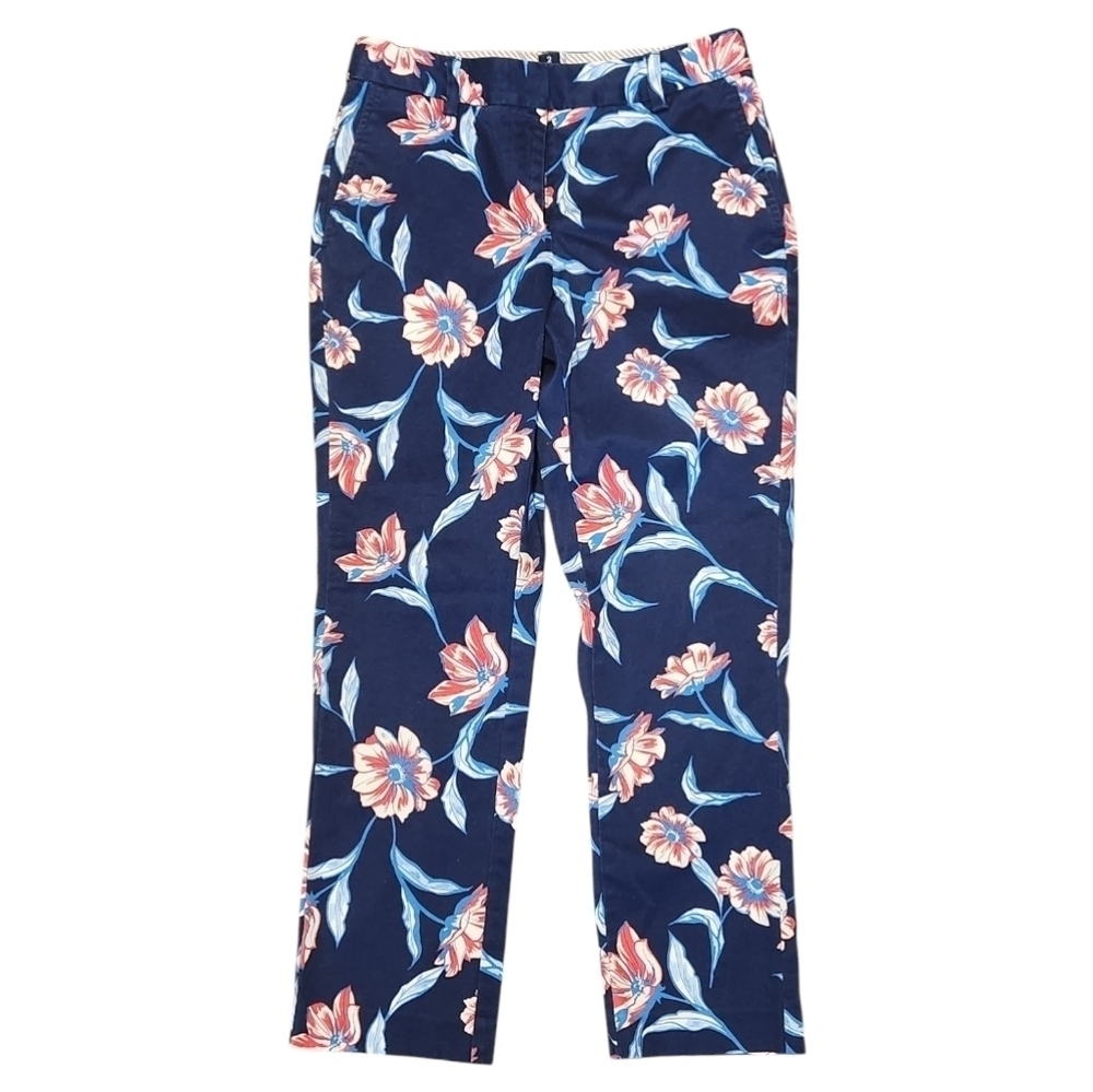 Lands' End Women's Navy Blue Pink White Floral Crop Casual Chino Pants, Size 2